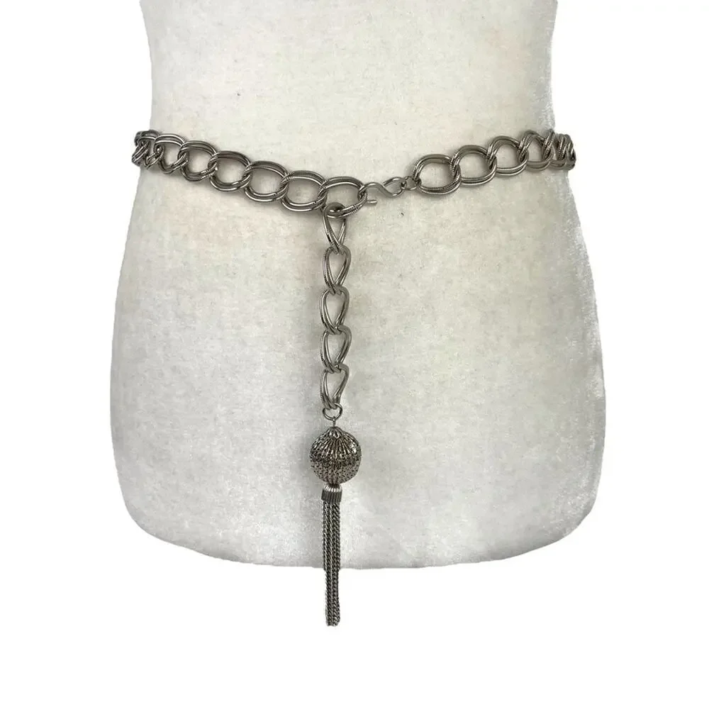 VTG Retro Silver Belt Metal Link Chain Belt Tassel Charm